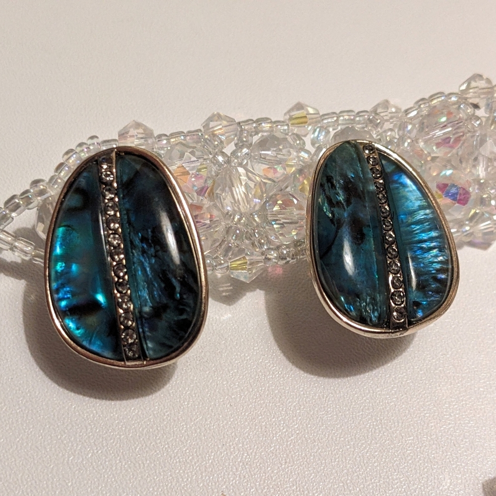 Stunning blue labradorite  peacock blue rhinestone clip earrings Kenneth Cole